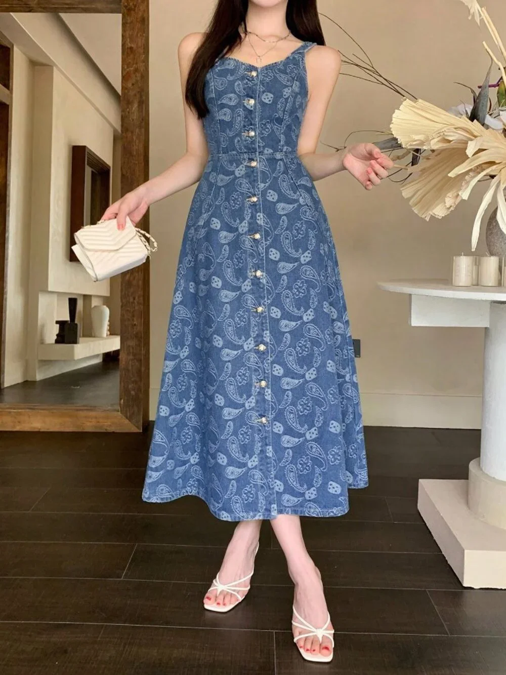 Medium Wash Boho Women's Denim Jacquard midi Dress - Picture 4 of 7